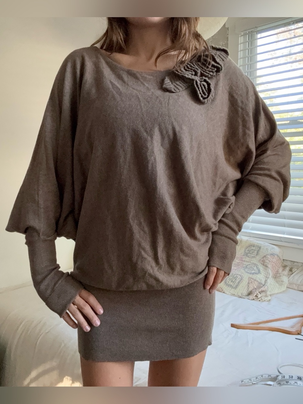 Y2K A’reve Brown Knit Mini Dress Rosette Shoulder Batwing Sleeves Size M